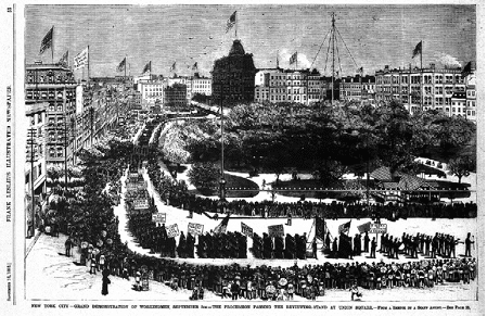 Ilustra  o do primeiro desfile trabalhista americano, realizado em Nova York em 5 de setembro de 1882, conforme apareceu na edi  o do jornal Frank Leslie s Weekly Illustrated de 16 de setembro do mesmo ano  