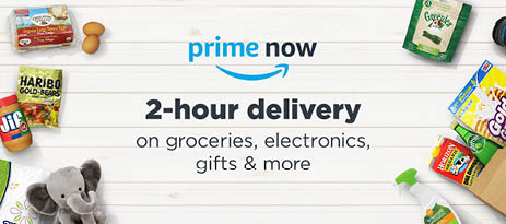 Cartaz de propaganda da Prime Now, onde est  escrito: 2-hour delivery on groceries, electronics, gifts & more (em portugu s: entrega em duas horas para itens de mercado, eletr nicos, presentes e outros) 