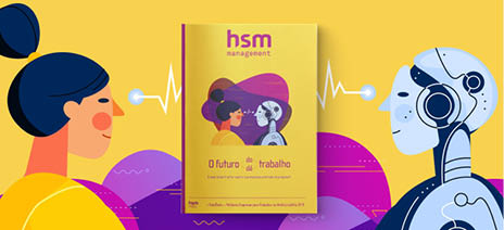 Imagem da revista HSM Management, em que um desenho de uma mulher e de um rob  olham um para o outro  
