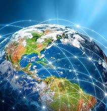 Ilustra  o simulada do globo terrestre, sinalizando liga  es em linhas em diferentes partes ao redor do mundo  Parte dos continentes se incluem na imagem 