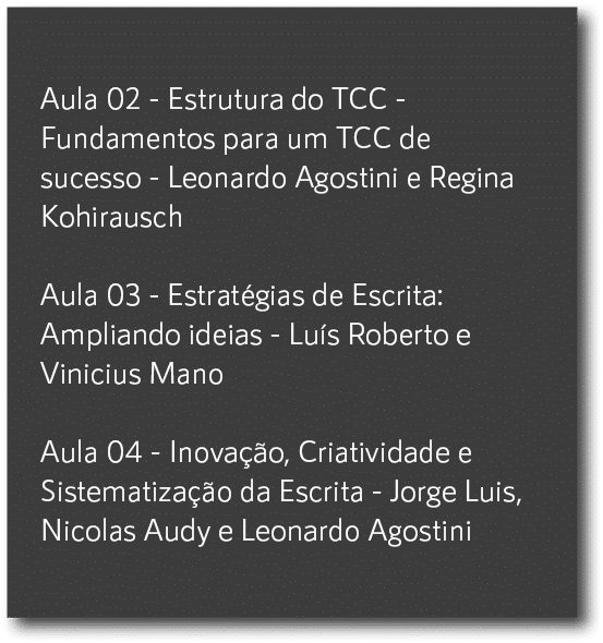 Aula 02 Estrutura do TCC Fundamentos para um TCC de sucesso Leonardo Agostini e Regina Kohirausch Aula 03 Estrat gias...